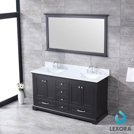 Dukes 60" Espresso Double Vanity, White Carrara Marble Top, White Square Sinks and 58" Mirror w/ Faucets - BUILDMYPLACE