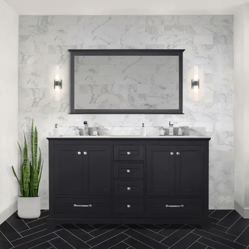 Dukes 60 In. Freestanding Espresso Bathroom Vanity With Double Undermount Ceramic Sink, White Carrara Marble Top