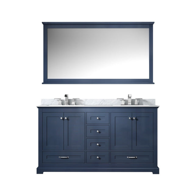 Dukes 60" Navy Blue Double Vanity, White Carrara Marble Top, White Square Sinks and 58" Mirror - BUILDMYPLACE