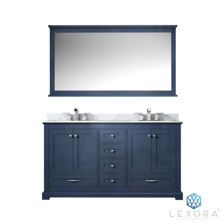 Dukes 60" Navy Blue Double Vanity, White Carrara Marble Top, White Square Sinks and 58" Mirror w/ Faucets - BUILDMYPLACE