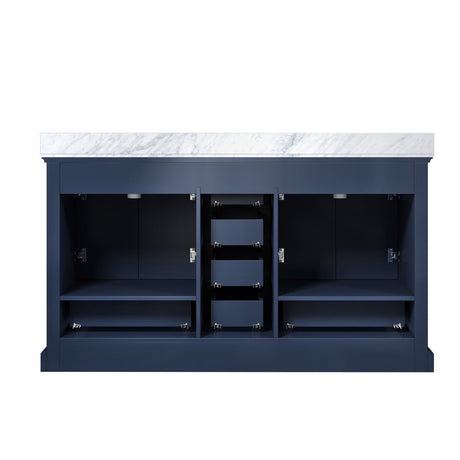 Dukes 60" Navy Blue Double Vanity, White Carrara Marble Top, White Square Sinks and 58" Mirror w/ Faucets - BUILDMYPLACE