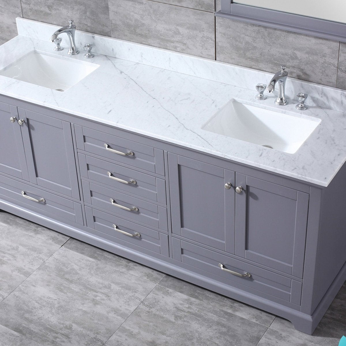 Dukes 80" Dark Grey Double Vanity, White Carrara Marble Top, White Square Sinks and 30" Mirrors w/ Faucets - BUILDMYPLACE