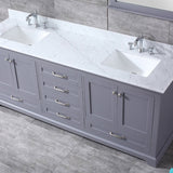 Dukes 80" Dark Grey Double Vanity, White Carrara Marble Top, White Square Sinks and 30" Mirrors w/ Faucets - BUILDMYPLACE