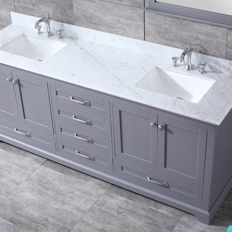 Dukes 80" Dark Grey Double Vanity, White Carrara Marble Top, White Square Sinks and 30" Mirrors w/ Faucets - BUILDMYPLACE