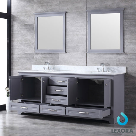 Dukes 80" Dark Grey Double Vanity, White Carrara Marble Top, White Square Sinks and 30" Mirrors w/ Faucets - BUILDMYPLACE