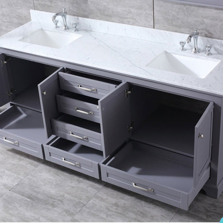 Dukes 80" Dark Grey Double Vanity, White Carrara Marble Top, White Square Sinks and 30" Mirrors w/ Faucets - BUILDMYPLACE
