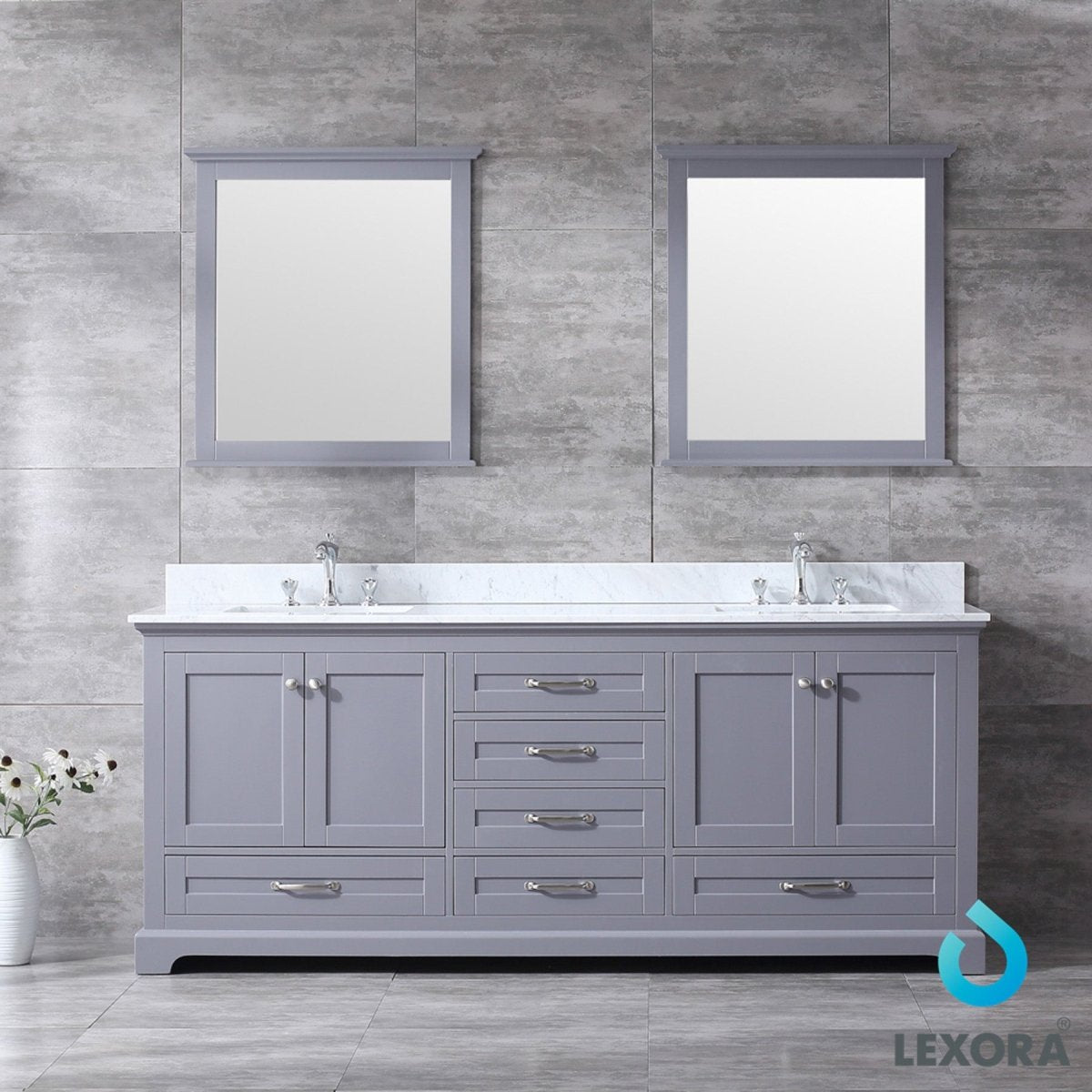 Dukes 80" Dark Grey Double Vanity, White Carrara Marble Top, White Square Sinks and 30" Mirrors w/ Faucets - BUILDMYPLACE