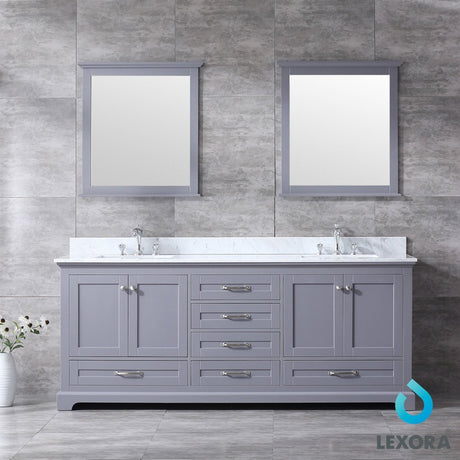 Dukes 80" Dark Grey Double Vanity, White Carrara Marble Top, White Square Sinks and 30" Mirrors w/ Faucets - BUILDMYPLACE