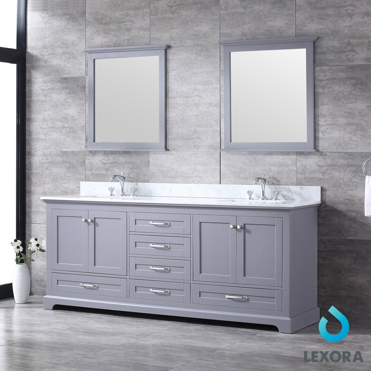 Dukes 80" Dark Grey Double Vanity, White Carrara Marble Top, White Square Sinks and 30" Mirrors w/ Faucets - BUILDMYPLACE