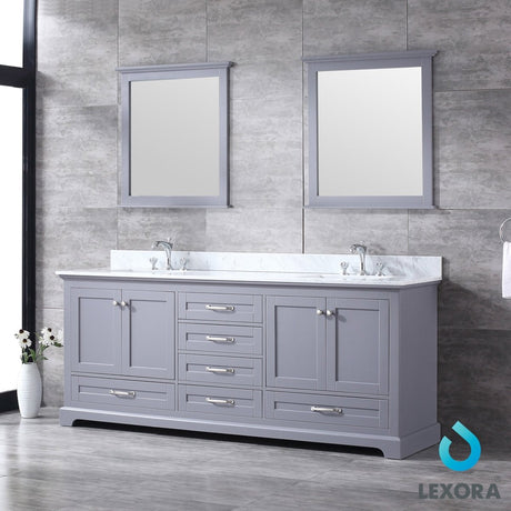 Dukes 80" Dark Grey Double Vanity, White Carrara Marble Top, White Square Sinks and 30" Mirrors w/ Faucets - BUILDMYPLACE