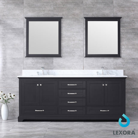 Dukes 80" Espresso Double Vanity, White Carrara Marble Top, White Square Sinks and 30" Mirrors - BUILDMYPLACE