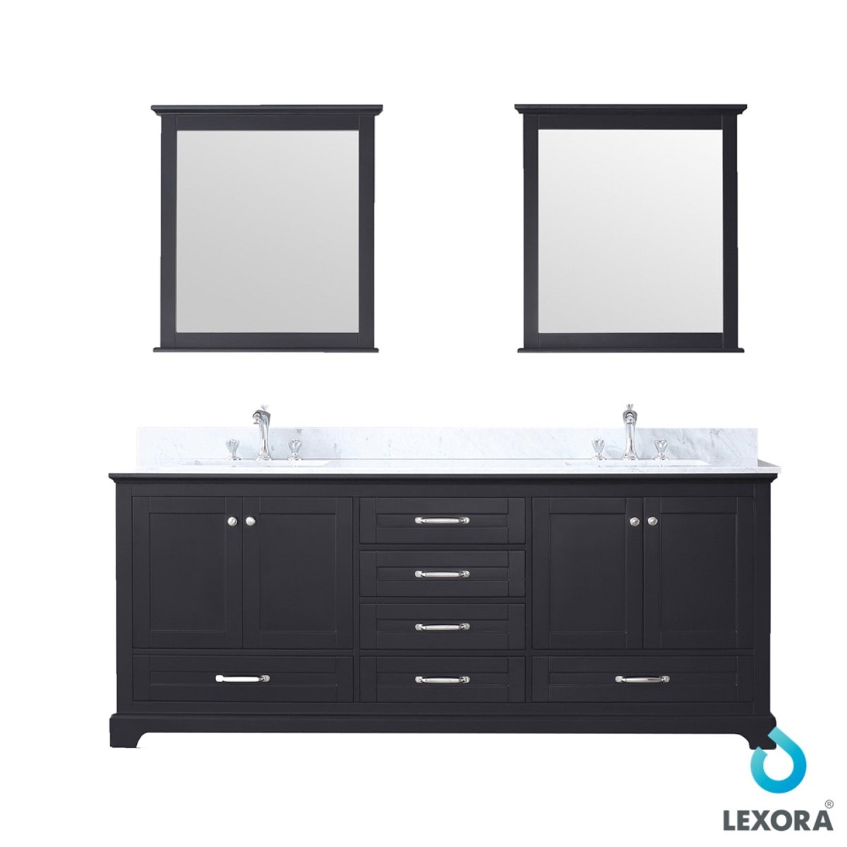 Dukes 80" Espresso Double Vanity, White Carrara Marble Top, White Square Sinks and 30" Mirrors w/ Faucets - BUILDMYPLACE