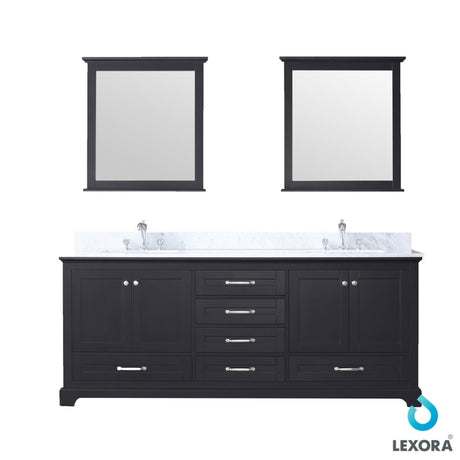 Dukes 80" Espresso Double Vanity, White Carrara Marble Top, White Square Sinks and 30" Mirrors w/ Faucets - BUILDMYPLACE