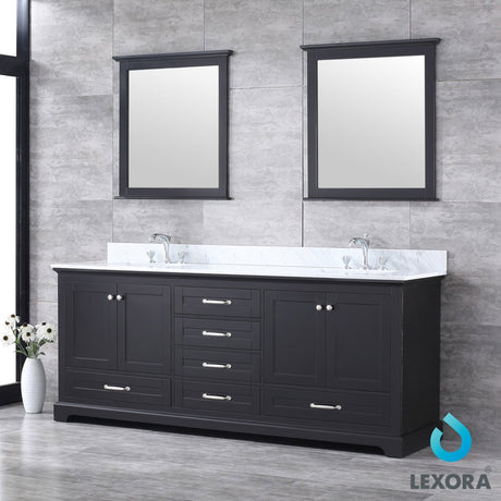 Dukes 80" Espresso Double Vanity, White Carrara Marble Top, White Square Sinks and 30" Mirrors w/ Faucets - BUILDMYPLACE