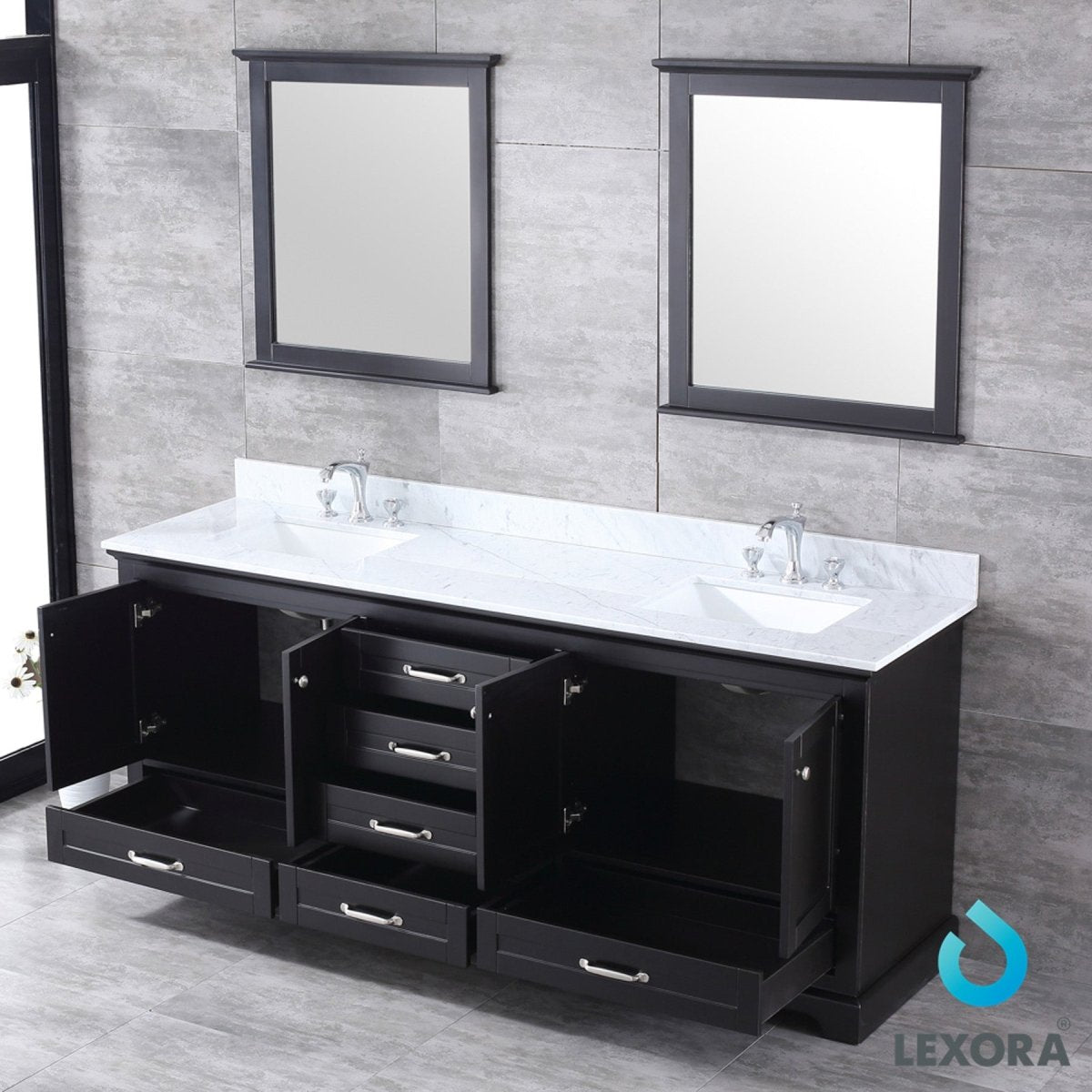 Dukes 80" Espresso Double Vanity, White Carrara Marble Top, White Square Sinks and 30" Mirrors w/ Faucets - BUILDMYPLACE