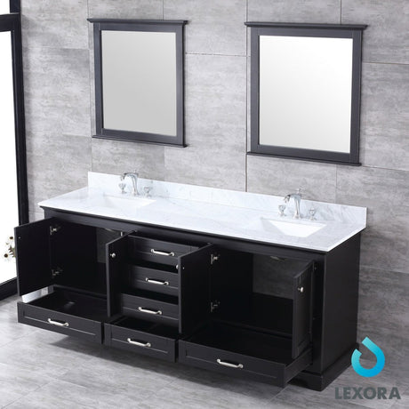 Dukes 80" Espresso Double Vanity, White Carrara Marble Top, White Square Sinks and 30" Mirrors w/ Faucets - BUILDMYPLACE
