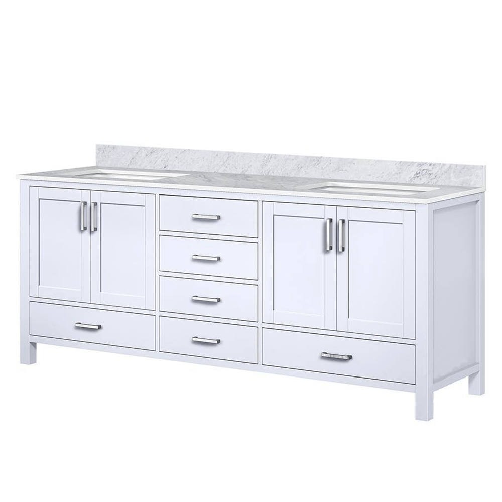 Dukes 80 In. Freestanding White Bathroom Vanity With Double Undermount Ceramic Sink, White Carrara Marble Top - BUILDMYPLACE