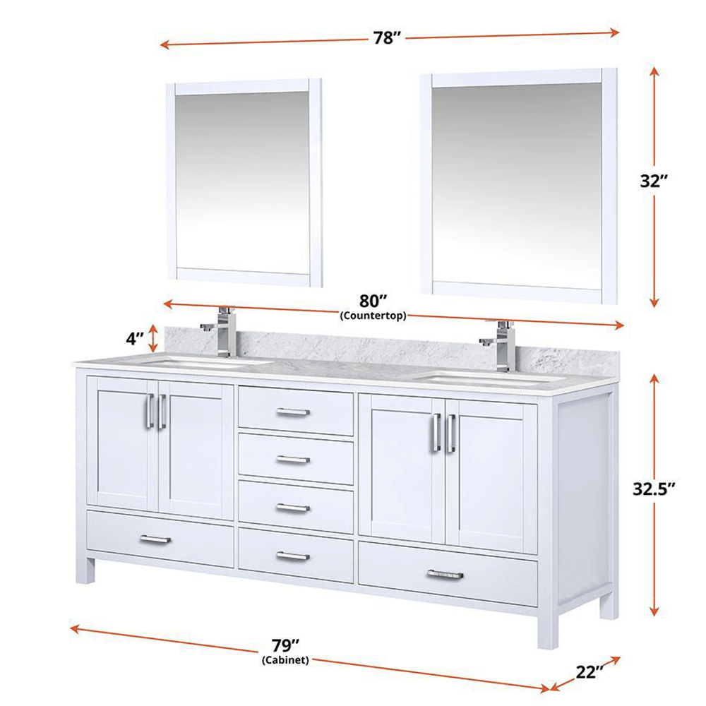 Dukes 80 In. Freestanding White Bathroom Vanity With Double Undermount Ceramic Sink, White Carrara Marble Top - BUILDMYPLACE