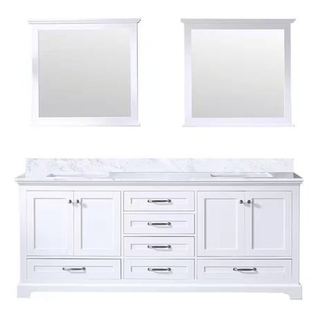 Dukes 80 In. Freestanding White Bathroom Vanity With Double Undermount Ceramic Sink, White Carrara Marble Top & 30 In. Mirrors - BUILDMYPLACE