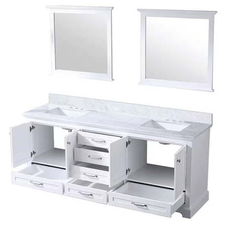 Dukes 80 In. Freestanding White Bathroom Vanity With Double Undermount Ceramic Sink, White Carrara Marble Top & 30 In. Mirrors - BUILDMYPLACE