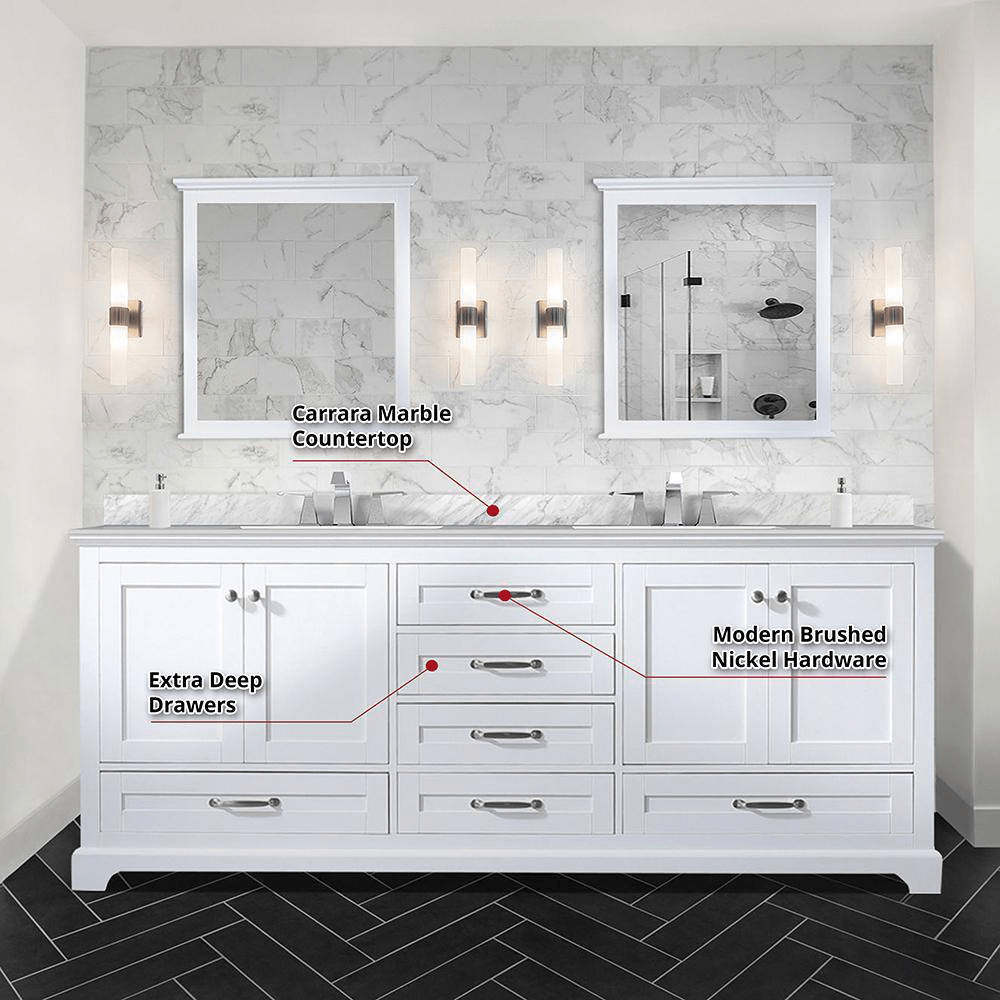 Dukes 80 In. Freestanding White Bathroom Vanity With Double Undermount Ceramic Sink, White Carrara Marble Top & 30 In. Mirrors - BUILDMYPLACE