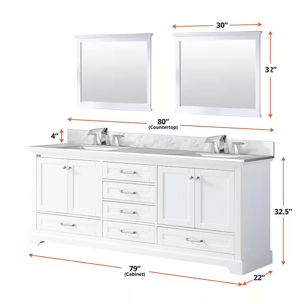 Dukes 80 In. Freestanding White Bathroom Vanity With Double Undermount Ceramic Sink, White Carrara Marble Top & 30 In. Mirrors - BUILDMYPLACE