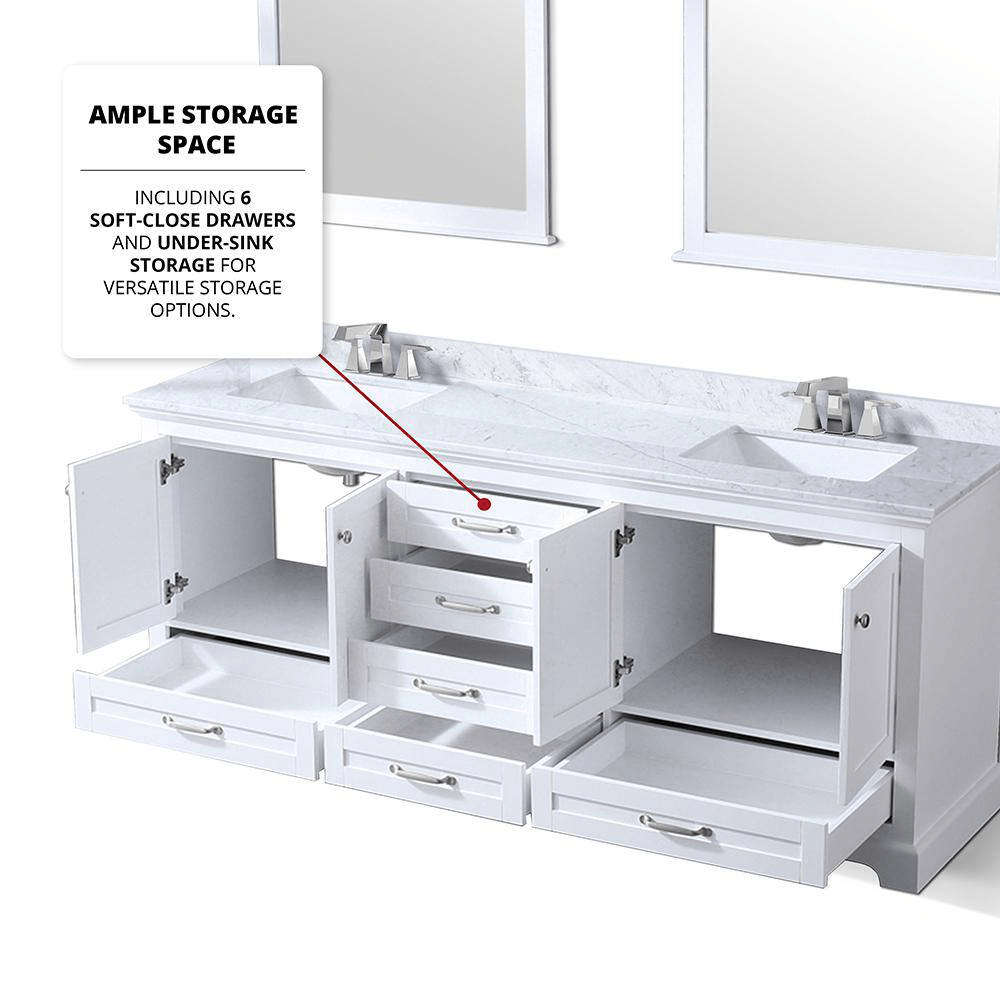 Dukes 80 In. Freestanding White Bathroom Vanity With Double Undermount Ceramic Sink, White Carrara Marble Top & 30 In. Mirrors - BUILDMYPLACE