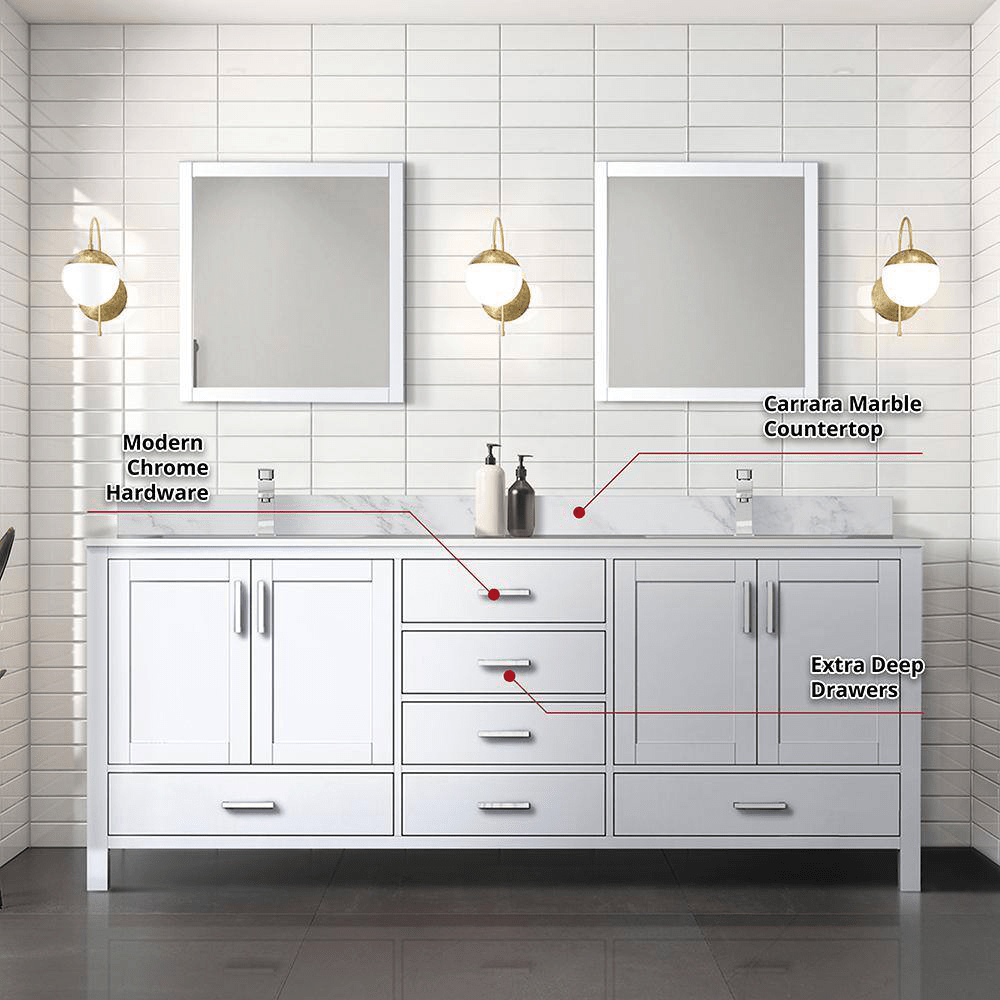 Dukes 80 In. Freestanding White Bathroom Vanity With Double Undermount Ceramic Sink, White Carrara Marble Top - BUILDMYPLACE