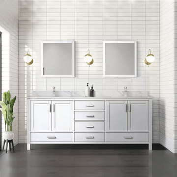 Dukes 80 In. Freestanding White Bathroom Vanity With Double Undermount Ceramic Sink, White Carrara Marble Top