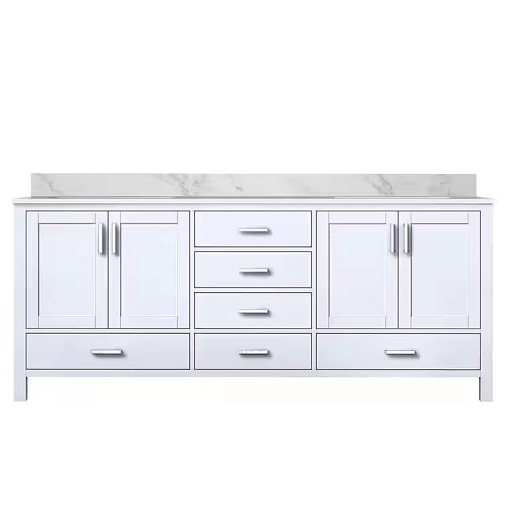 Dukes 80 In. Freestanding White Bathroom Vanity With Double Undermount Ceramic Sink, White Carrara Marble Top - BUILDMYPLACE