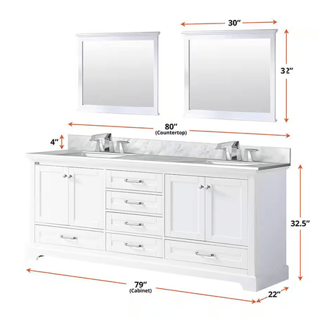 Dukes 80 In. White Freestanding Double Bathroom Vanity Cabinet Without Top & 30 In. Mirrors - BUILDMYPLACE