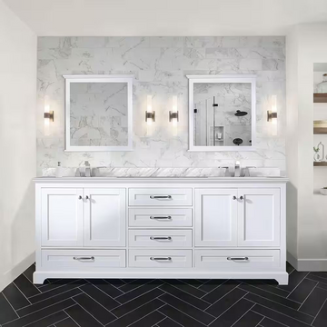 Dukes 80 In. Freestanding White Bathroom Vanity With Double Undermount Ceramic Sink, White Carrara Marble Top & 30 In. Mirrors