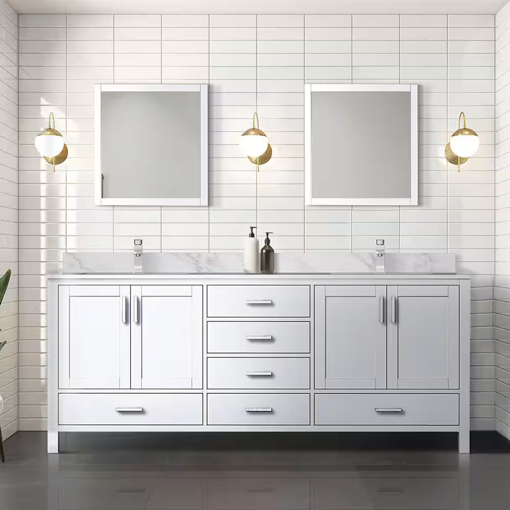 Dukes 80 In. Freestanding White Bathroom Vanity With Double Undermount Ceramic Sink, White Carrara Marble Top