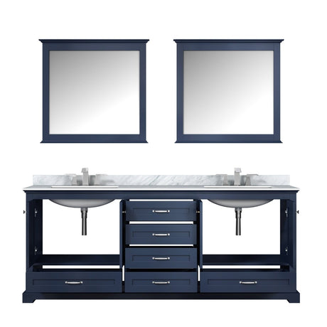 Dukes 80" Navy Blue Double Vanity, White Carrara Marble Top, White Square Sinks and 30" Mirrors w/ Faucets - BUILDMYPLACE