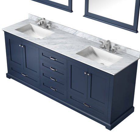 Dukes 80" Navy Blue Double Vanity, White Carrara Marble Top, White Square Sinks and 30" Mirrors w/ Faucets - BUILDMYPLACE