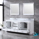 Dukes 80" White Double Vanity, White Carrara Marble Top, White Square Sinks and 30" Mirrors w/ Faucets - BUILDMYPLACE