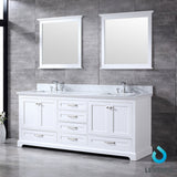 Dukes 80" White Double Vanity, White Carrara Marble Top, White Square Sinks and 30" Mirrors w/ Faucets - BUILDMYPLACE