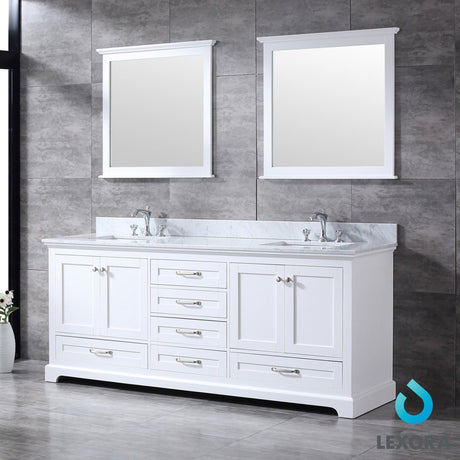 Dukes 80" White Double Vanity, White Carrara Marble Top, White Square Sinks and 30" Mirrors w/ Faucets - BUILDMYPLACE
