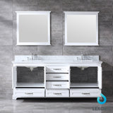 Dukes 80" White Double Vanity, White Carrara Marble Top, White Square Sinks and 30" Mirrors w/ Faucets - BUILDMYPLACE