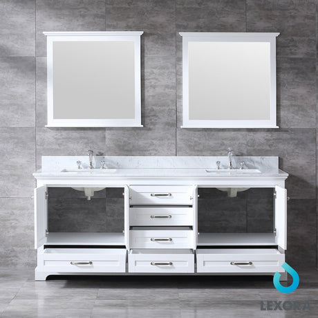 Dukes 80" White Double Vanity, White Carrara Marble Top, White Square Sinks and 30" Mirrors w/ Faucets - BUILDMYPLACE