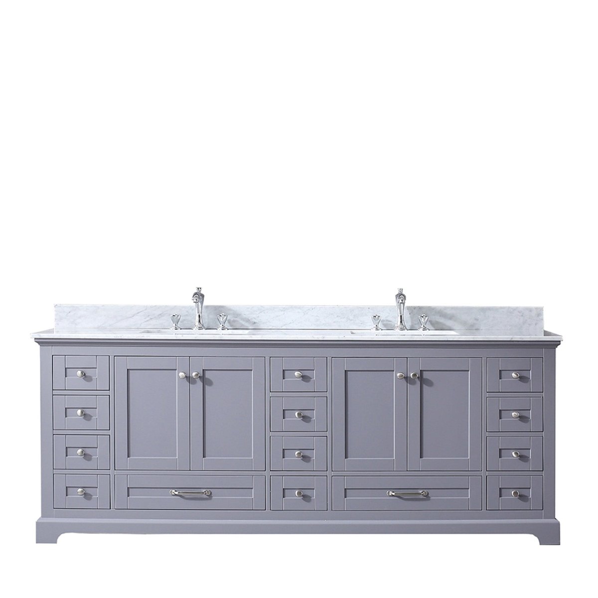 Dukes 84 In. Freestanding Dark Grey Bathroom Vanity With Double Undermount Ceramic Sink, White Carrara Marble Top - BUILDMYPLACE