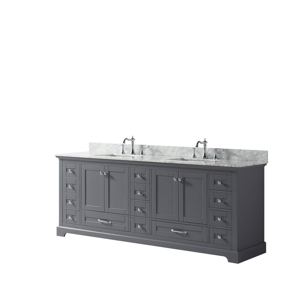 Dukes 84 In. Freestanding Dark Grey Bathroom Vanity With Double Undermount Ceramic Sink, White Carrara Marble Top - BUILDMYPLACE