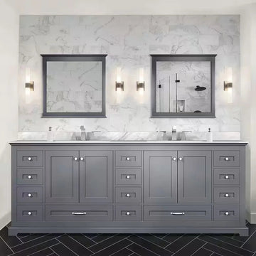 Dukes 84 In. Freestanding Dark Grey Bathroom Vanity With Double Undermount Ceramic Sink, White Carrara Marble Top & 34 In. Mirrors