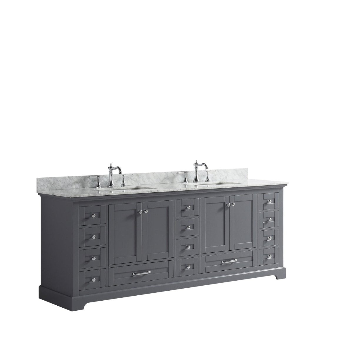 Dukes 84 In. Freestanding Dark Grey Bathroom Vanity With Double Undermount Ceramic Sink, White Carrara Marble Top - BUILDMYPLACE