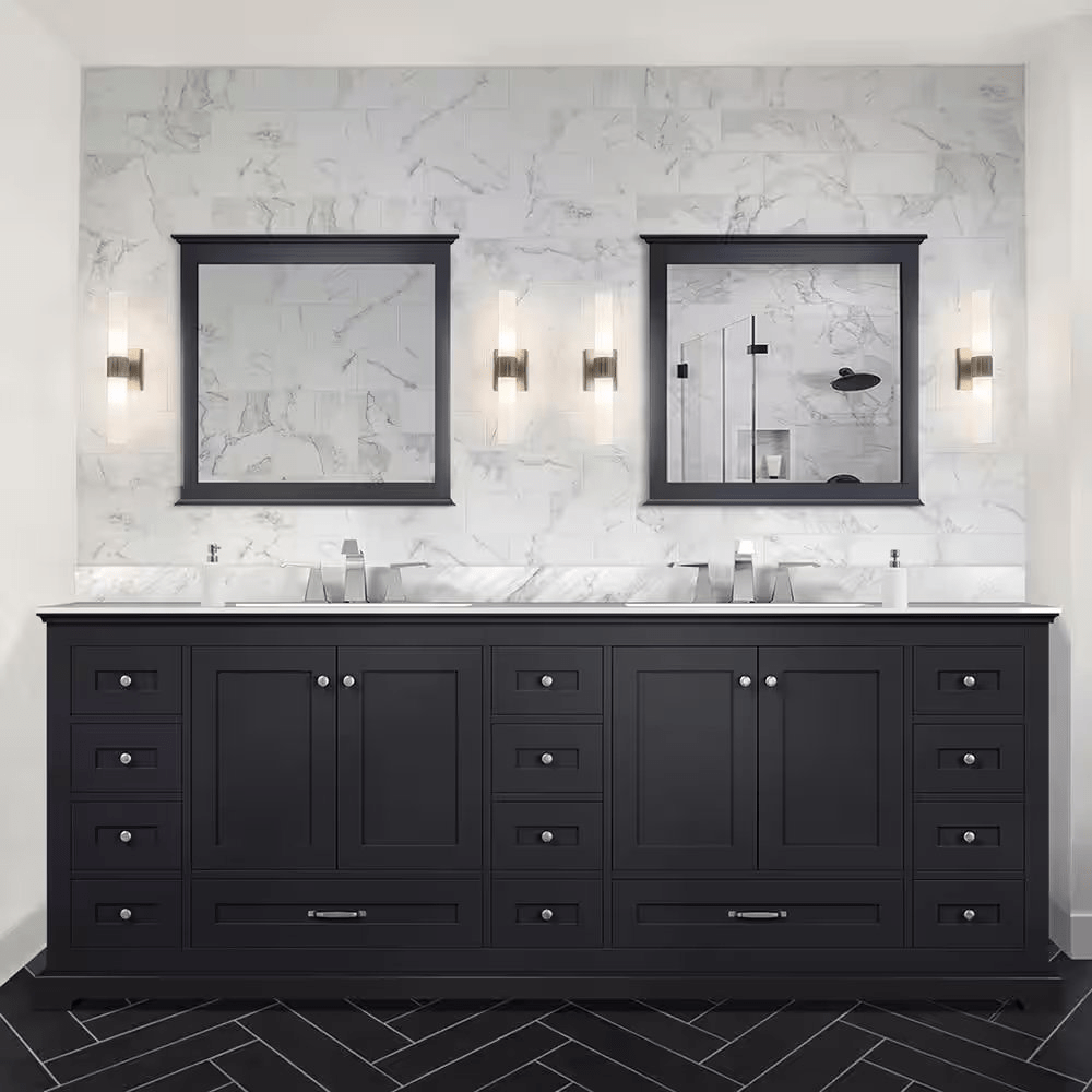 Dukes 84 In. Freestanding Espresso Bathroom Vanity With Double Undermount Ceramic Sink, White Carrara Marble Top & 34 In. Mirrors - BUILDMYPLACE