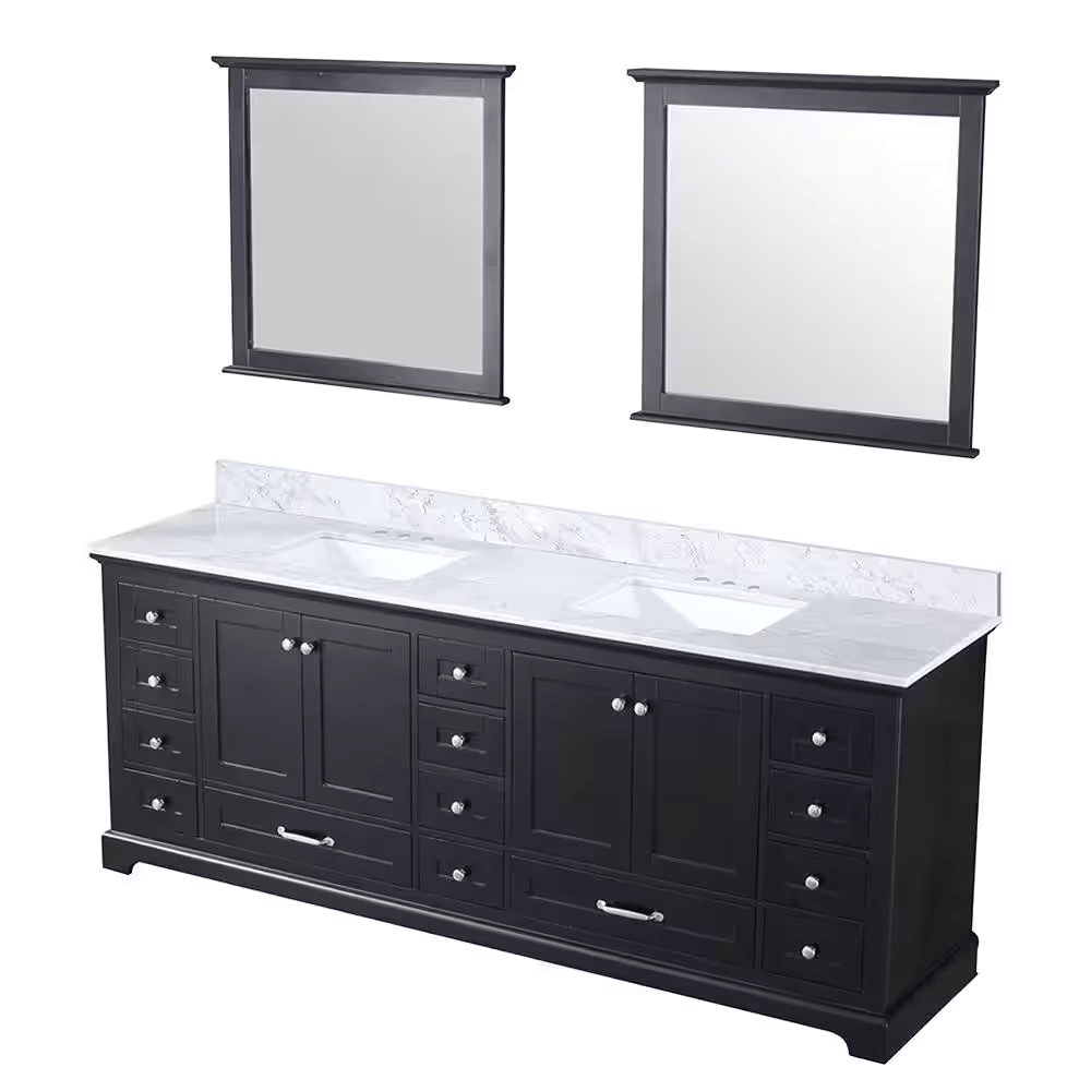 Dukes 84 In. Freestanding Espresso Bathroom Vanity With Double Undermount Ceramic Sink, White Carrara Marble Top & 34 In. Mirrors - BUILDMYPLACE