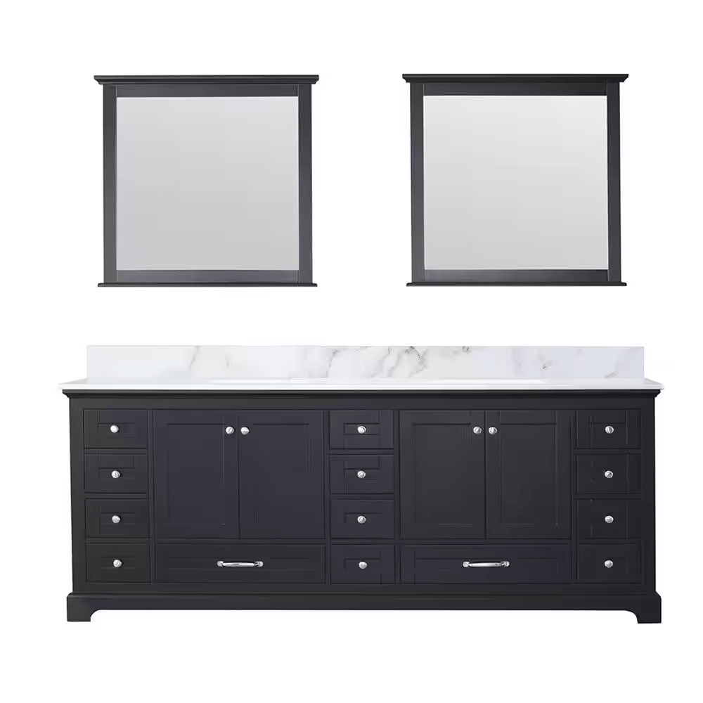 Dukes 84 In. Freestanding Espresso Bathroom Vanity With Double Undermount Ceramic Sink, White Carrara Marble Top & 34 In. Mirrors - BUILDMYPLACE