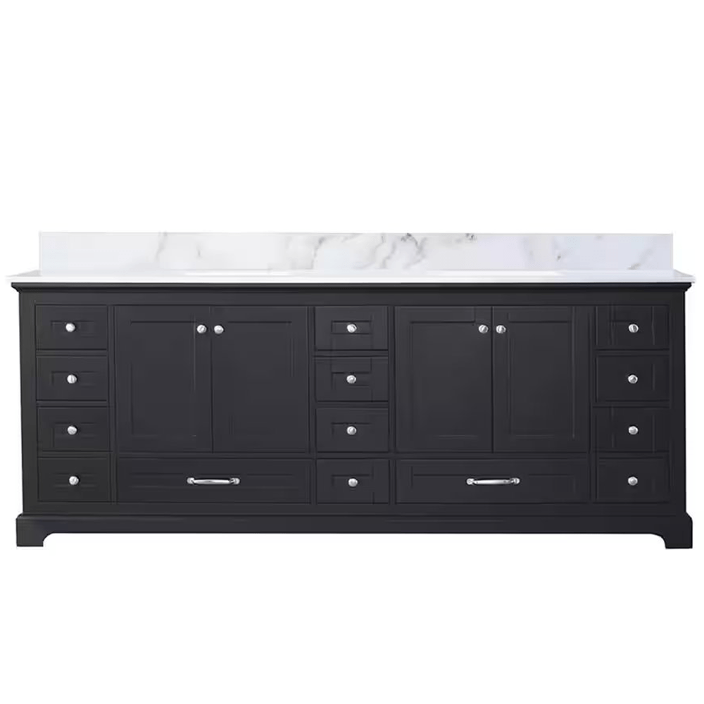 Dukes 84 In. Freestanding Espresso Bathroom Vanity With Double Undermount Ceramic Sink, White Carrara Marble Top - BUILDMYPLACE