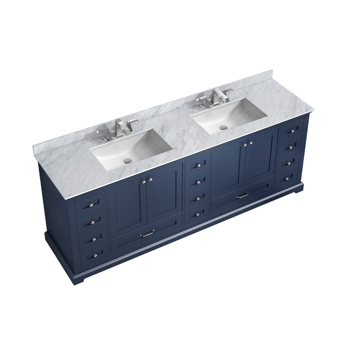 Dukes 84 In. Freestanding Navy Blue Bathroom Vanity With Double Undermount Ceramic Sink, White Carrara Marble Top - BUILDMYPLACE