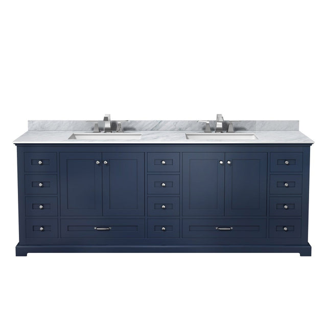 Dukes 84 In. Freestanding Navy Blue Bathroom Vanity With Double Undermount Ceramic Sink, White Carrara Marble Top - BUILDMYPLACE